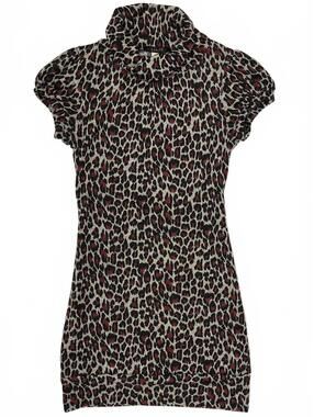 Vintage "Limite USA Made Grey Red Black Leopard Print Turtleneck Mini Dress Sz S